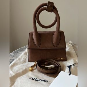 Authentic Jacquemas Brown Suede 'Le Chiquito Noeud' Top Handle Bag